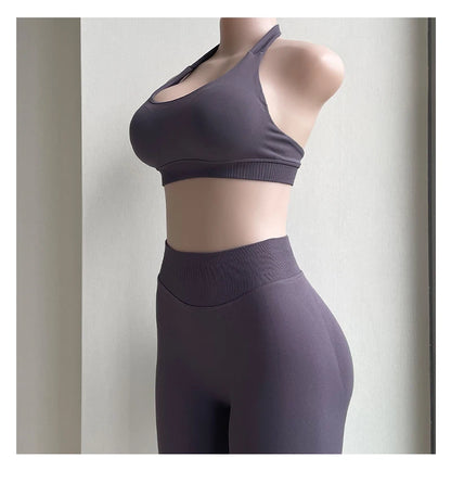 2 Pieces Yoga Gym Set Women Seamless Strappy Yoga Bra High Waist Workout Scrunch Shorts Sports Set Fitness Clothes Sportswear