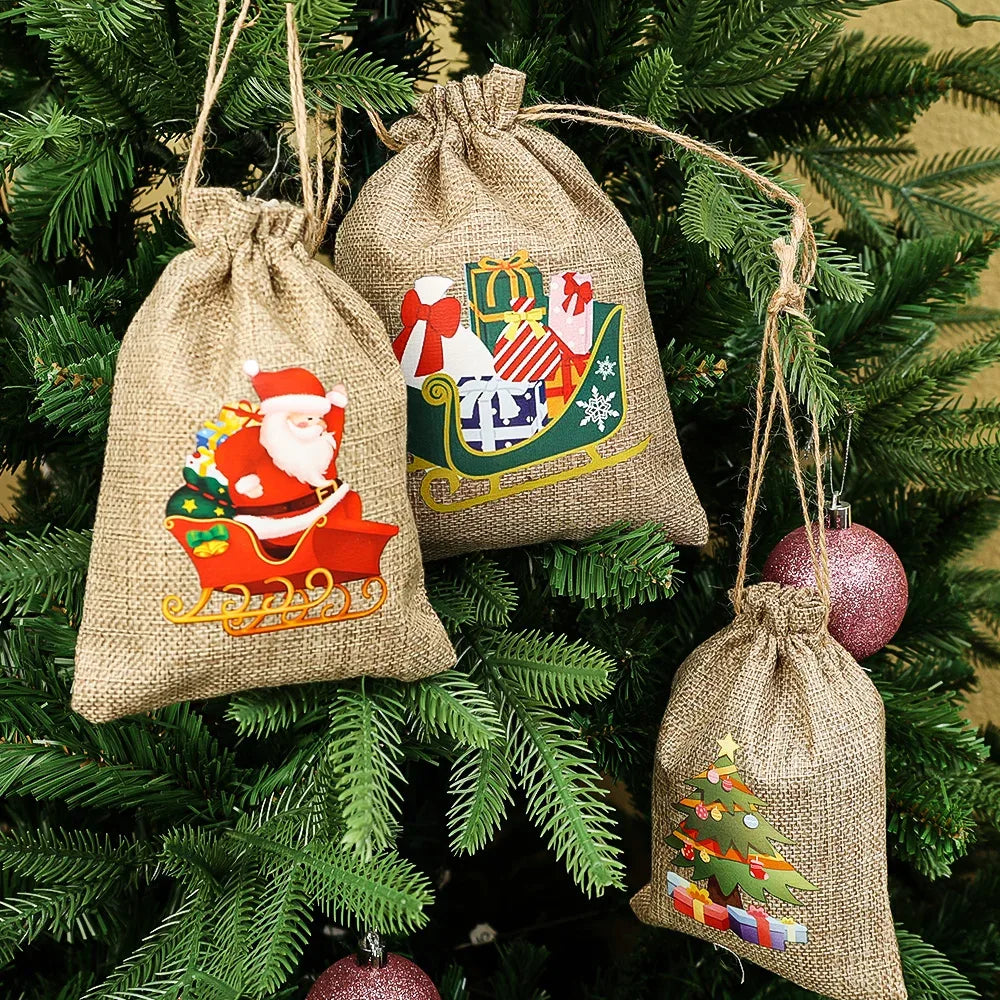 1/30PCS Christmas Linen Drawstring Bags Candy Biscuits Pouchs Burlap Bracelet Jewelry Storage Bags Xmas Kids Gift Packaging Bags