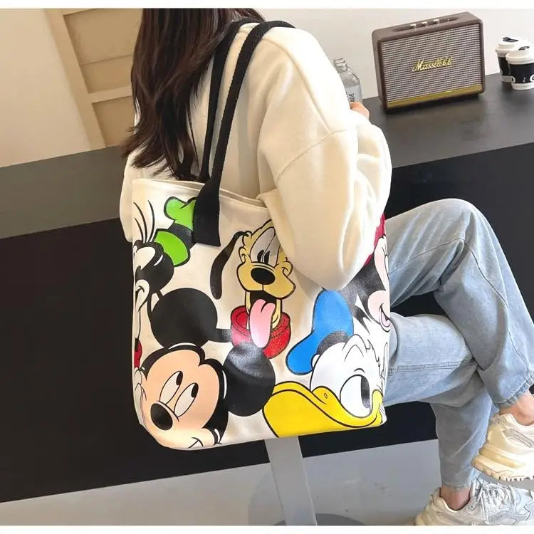 Cartoon Mickey Tote Bag Canvas Bag with Goofy Pattern Shoulder Bag Fashion Travel Large Capacity Canvas Bag Women Shopping Use