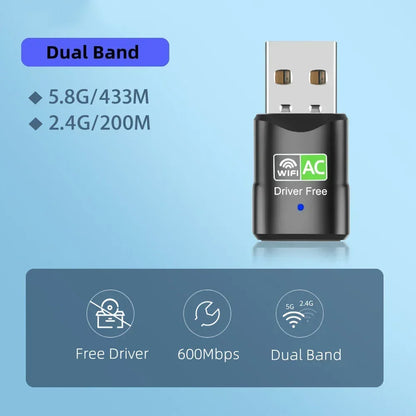 600Mbps Mini USB WiFi Adapter Wireless Network Card Free Driver Dual Band 2.4/5GHz Lan WiFi Dongle For Desktop Computer Laptop