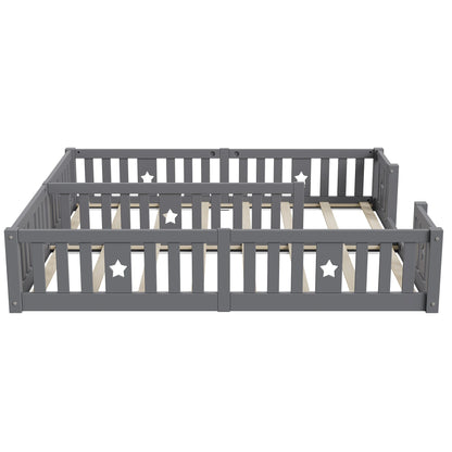 Rosahqnda Children's Bed Floor Bed 90x200cm with Railing Gate,Pine Wooden Bed for Families with 2 Children,Children's Twin Bed
