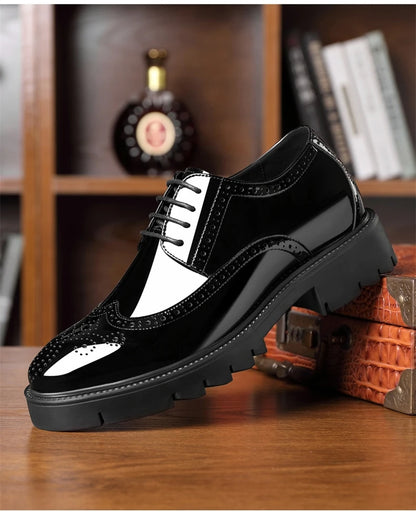 Luxury Men Brogues Patent Leather Elevator Shoes Man Height Increase Insole 8cm/10cm Black Formal Business Wedding Men Shoes New