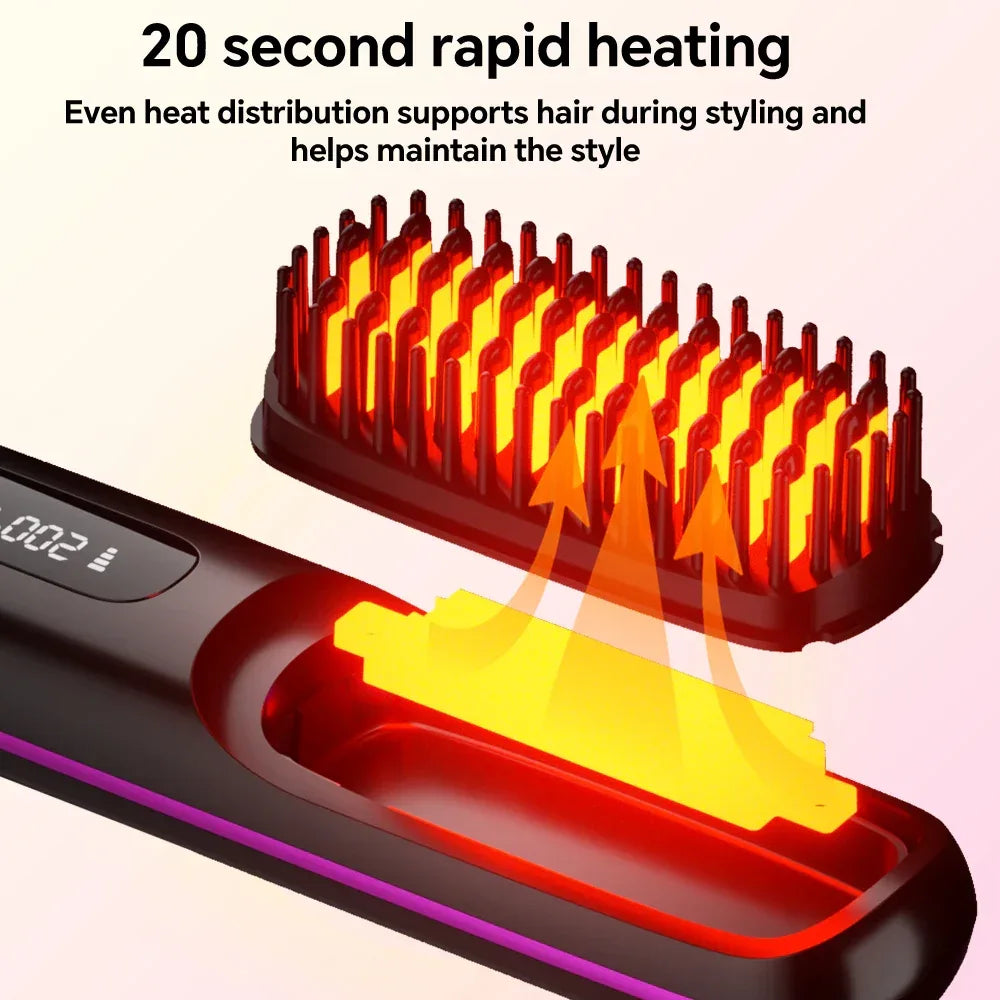 Rechargeable Hair Straightener Brush with 20s Fast Heating and 3 Temp Settings, Straightening Comb with Negative Ions for Women