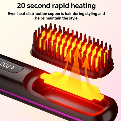 Rechargeable Hair Straightener Brush with 20s Fast Heating and 3 Temp Settings, Straightening Comb with Negative Ions for Women