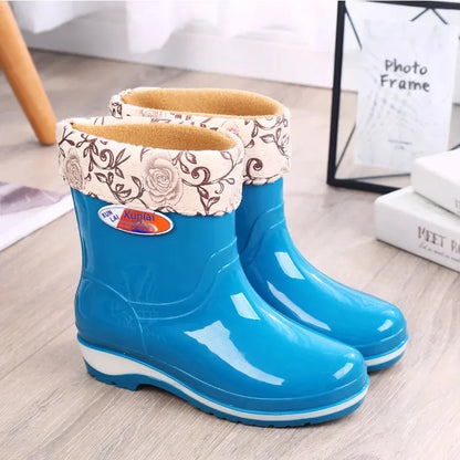 Women's Short Rain Shoes Non-slip Waterproof Rubber Boots Durable Wear-resistant Rain Boots Fleece Lined Warm Shoes Wholesale
