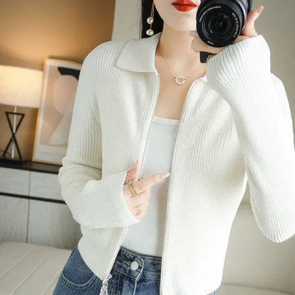 Women Autumn Winter Soft Wool Sweater Polo Collar Thicken Knitted Double Zipper Cardigan Basis Short Top Cashmere Female Coat
