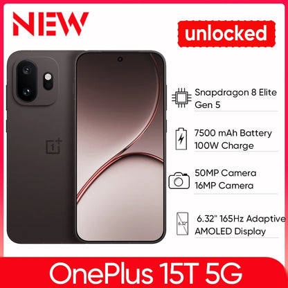Unlocked OnePlus 15T 5G Smartphone Snapdragon 8 Elite Gen 5 6.32'' 165Hz High Refresh Rate Screen 7500mAh Battery 100W Wired NFC