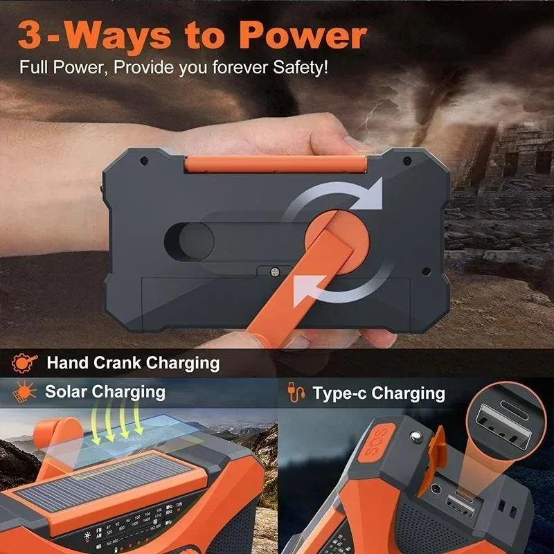 Multifunctional 10000mAh Solar Crank Radio  AM/FM/NOAA Weather Alert, Dual Stereo Speakers, Phone Charger, LED Torch & SOS Alarm