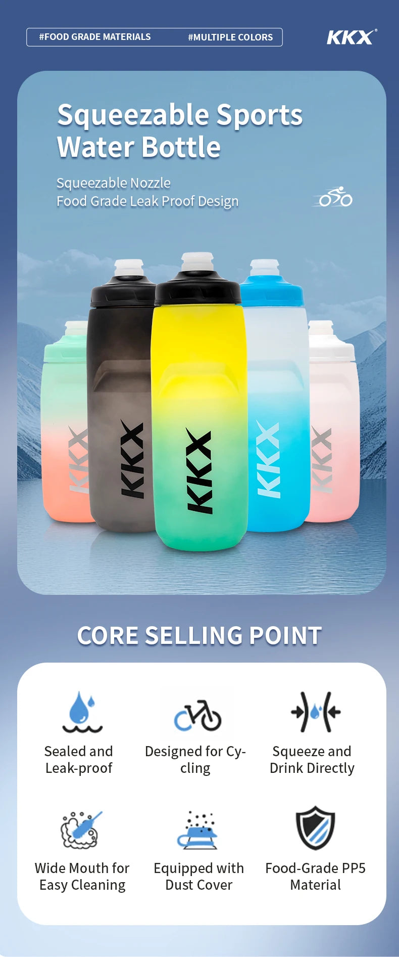 KKX Outdoor Sports Bottle 620ml/750ml Bicycle Bottle MTB Road Gravel Bike Water Bottle  PP5 Portable Large Capacity Drink Kettle