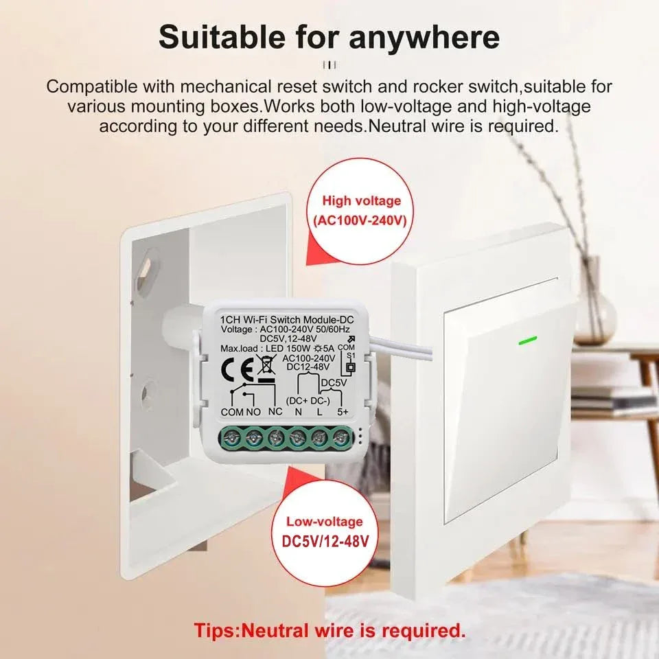 Tuya Smart Dry Contact Switch Module DC5V/12-48V AC110-240V DIY Breaker Relay Compatible with Alexa Google Home