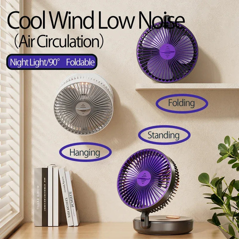 New 5000mAh Rechargeable 3IN1 Multifunctional Portable Fan Wall Mounted Fan 90° Folding Fan 4 Gears With Warm Night Light