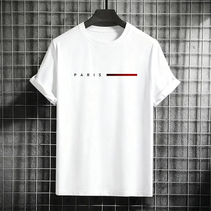 Men's 100% Cotton Summer Loose PARIS Creative Letter Print Casual Slim Fit Round Neck Short Sleeved T-shirt Top