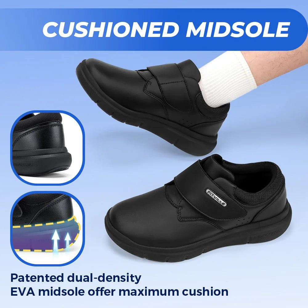 FitVille Extra Wide Men's Shoes Leather Diabetic Shoes Walking for Elder Orthopedic Toes Swollen Feet Non-Slip Arch Support