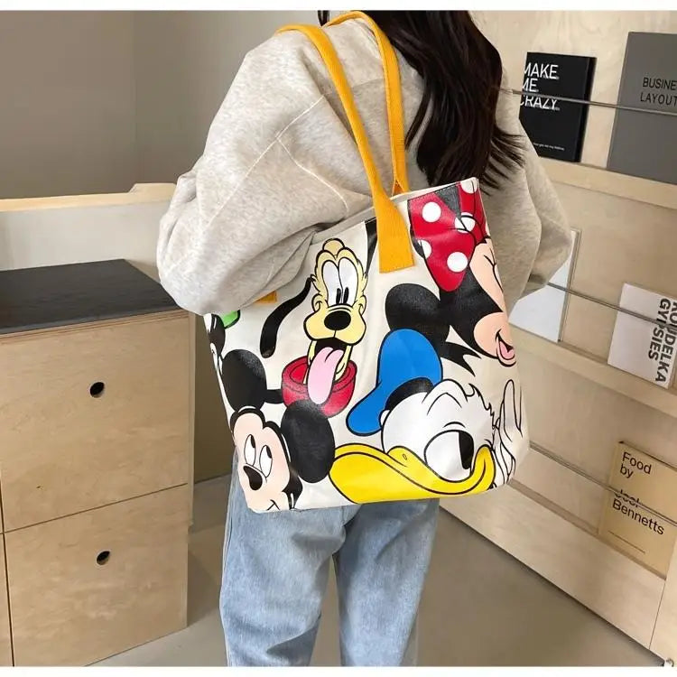 Cartoon Mickey Tote Bag Canvas Bag with Goofy Pattern Shoulder Bag Fashion Travel Large Capacity Canvas Bag Women Shopping Use