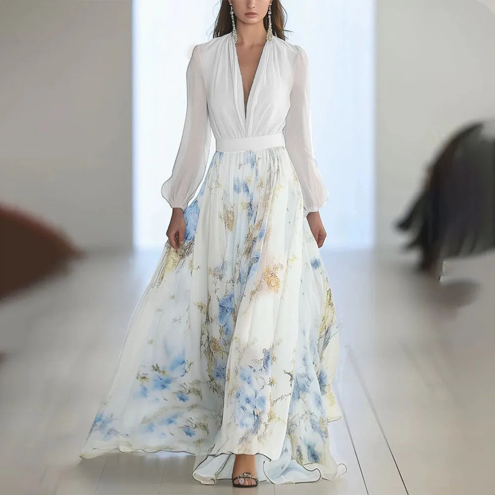Fashion Floral Print Bohemian Long Dress Woman 2025 Deep V Neck Puff Long Sleeve Slim Waist Patchwork Maxi Dress Summer Vacation