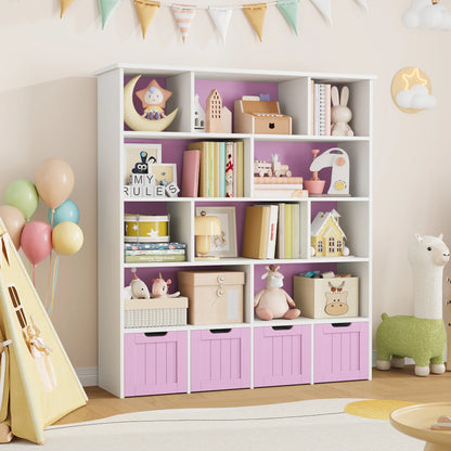 Getone Kids Toy Storage Unit Childrens Bookcase with 4 roller drawers 11 shelves Toy Organiser Kids Bookshelf for Nursery Playroom 125.5x33x146 cm White/ Pink