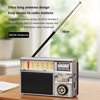 Vintage Solar AM/FM/SW Bluetooth Speaker Radio with USB/TF MP3 Player, Rechargeable Battery FM Receiver Radio for Home&Outdoor