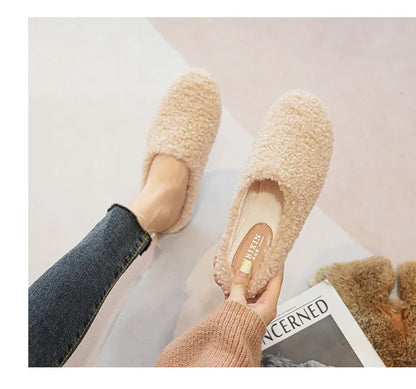 Big Size 43 Women Lambswool Slippers Winter Sheep Fur Shoes Ladies Flat Cotton Slides Home Pantuflas Daily Slip On Furry Mules
