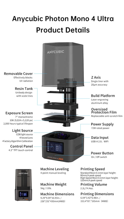 PRESALE ANYCUBIC Photon Mono 4 Ultra V2 3D Printer 10K 7'' high-definition screen UV Resin 3D Printing Size 236mmx231mmx430mm