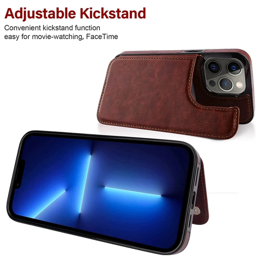 Wallet Double Button With Card Slot Stand Flip Leather Case For iPhone 16e 16 Pro Max 15 Plus 14 13 12 Mini 11 SE3 SE2 X XR 8 7