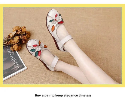 New 2025 Ladies Flat Sandals Soft Leather Anti-Slip Bottom Ethnic Style Comfortable Soft Surface Design for Elderly People