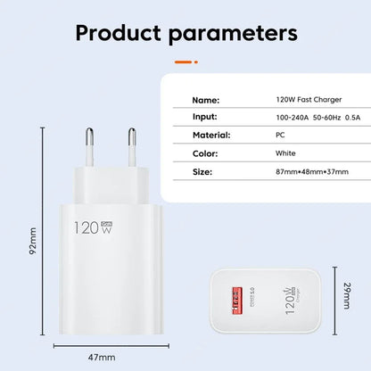 USB GaN 120W Charger Quick Charge 3.0 EU/US Plug Phone Charger Adapter Type C Wire For iPhone Samsung Xiaomi Huawei Fast Charger