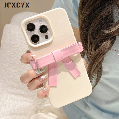 Korean Cute 3D Bowknot Lychee Leather Pattern TPU Phone Case For iphone 16 15 14 13 12 11 Pro Max 14 15 16 Plus Kawaii Cover