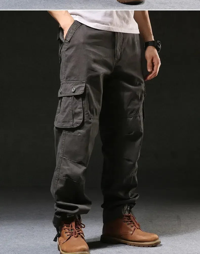 Cross-Border Men's Cargo Pants Spring Autumn Loose-Fit Pure Cotton Multi-Pocket Plus Size Straight-Leg Casual Pants