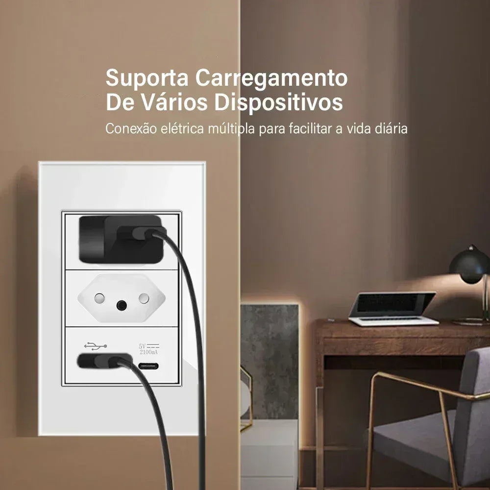 DELEFU 4*2 White Tempered Glass Brazil Standard Outlet with Double USB Type C Wall Power Socket Smart Switch Tuya Wifi 10A 20A