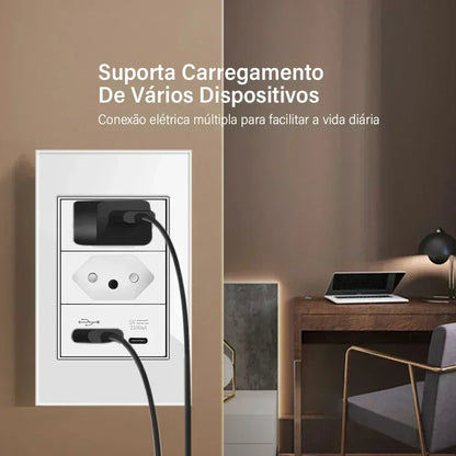 DELEFU 4*2 White Tempered Glass Brazil Standard Outlet with Double USB Type C Wall Power Socket Smart Switch Tuya Wifi 10A 20A