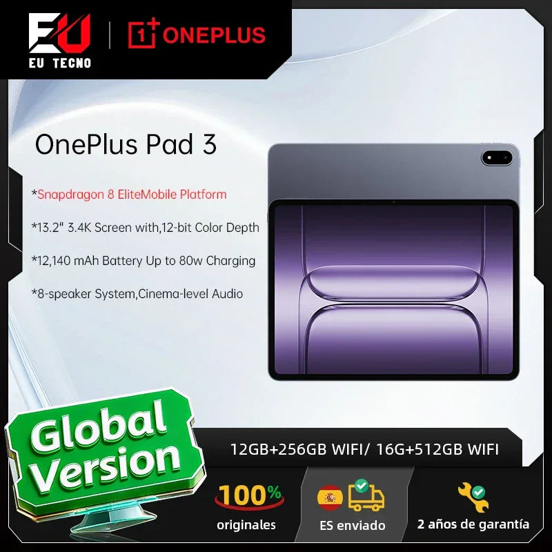 Global Version OnePlus Pad 3 Snapdragon 8 Elite 13.2inches 144Hz Screen 12140mAh Battery 13MP Rear Camera 8 Speakers 80W Charge