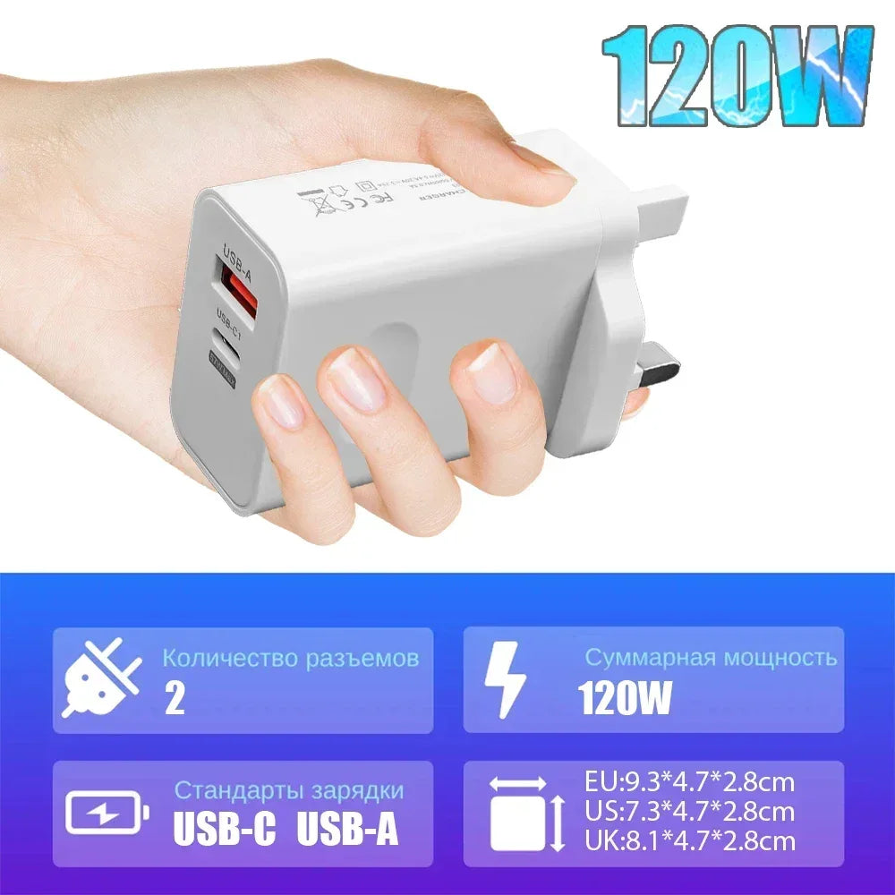 120W Fast Charger USB Type C PD Cable Fast Charging Quick Charge Adapter For iPhone 17 16 15 Pro Xiaomi Samsung Oneplus Huawei
