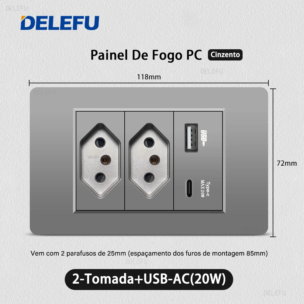 DELEFU Grey PC Panel Brazil Standard Wall Power Socket Double USB Type C Outlet Light Switch Home Office Electrical Plug 10A 20A