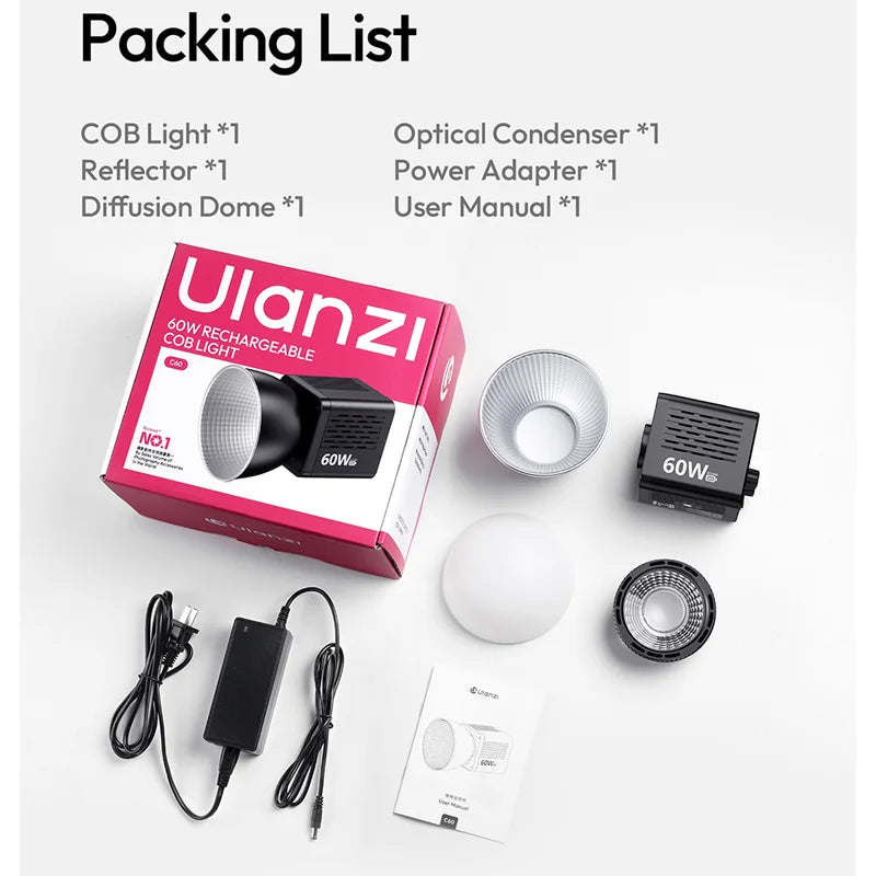 Ulanzi C60 60W COB Video Light Bi-Color Led Light 2500-6500K 3300mAh Mini Bowens Mount for Photography Studio Lighting Live Vlog