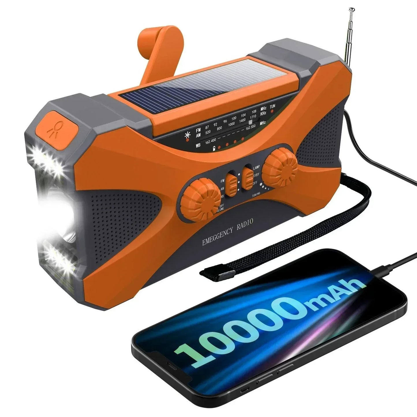 Multifunctional 10000mAh Solar Crank Radio  AM/FM/NOAA Weather Alert, Dual Stereo Speakers, Phone Charger, LED Torch & SOS Alarm