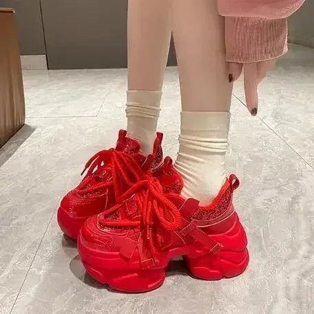 8CM Women Bling Red Chunky Sneakers Winter High Platform Warm Fur Shoes Ladies Wedges Casual Dad Shoes Leather Sports Sneakers
