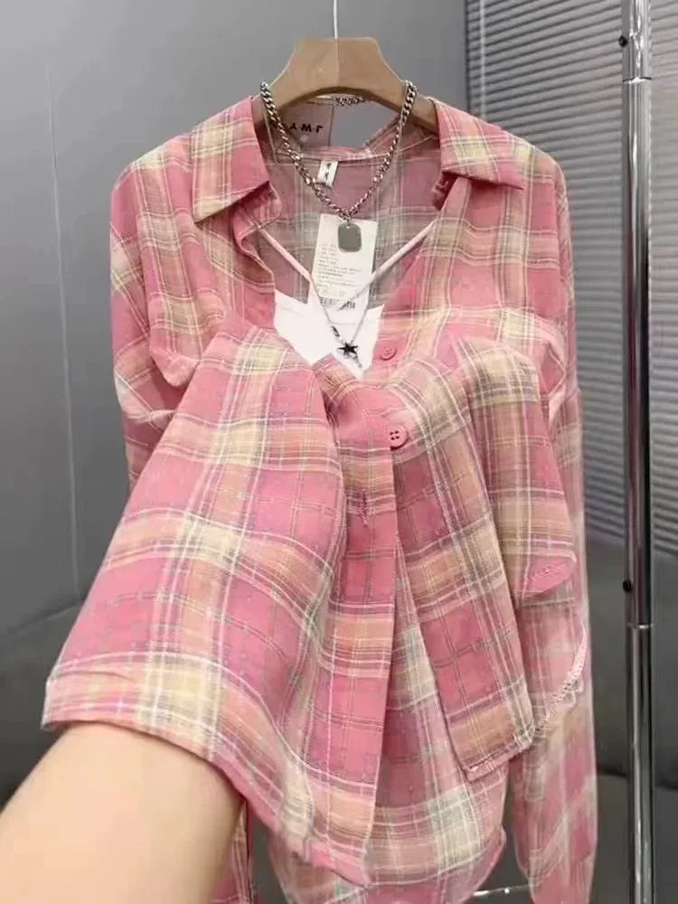 2024 Summer Autumn New Women's Shirt Thin Casual Street Style Shirt Outer Top Checkered Shirt Cardigan Coat for Women