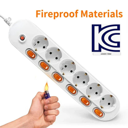 Melery Power Strip Surge Protection EU Plug Way Outlets Electrical Extension 16A Socket Independent Control Switches Schuko Cord