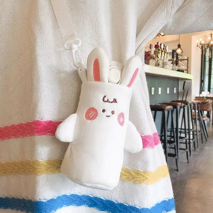1Pcs Cartoon Plush Cup Holder With Crossbody Strap Portable Water Bottle Cover Cute Plush Insulated Bag Cup Pouch