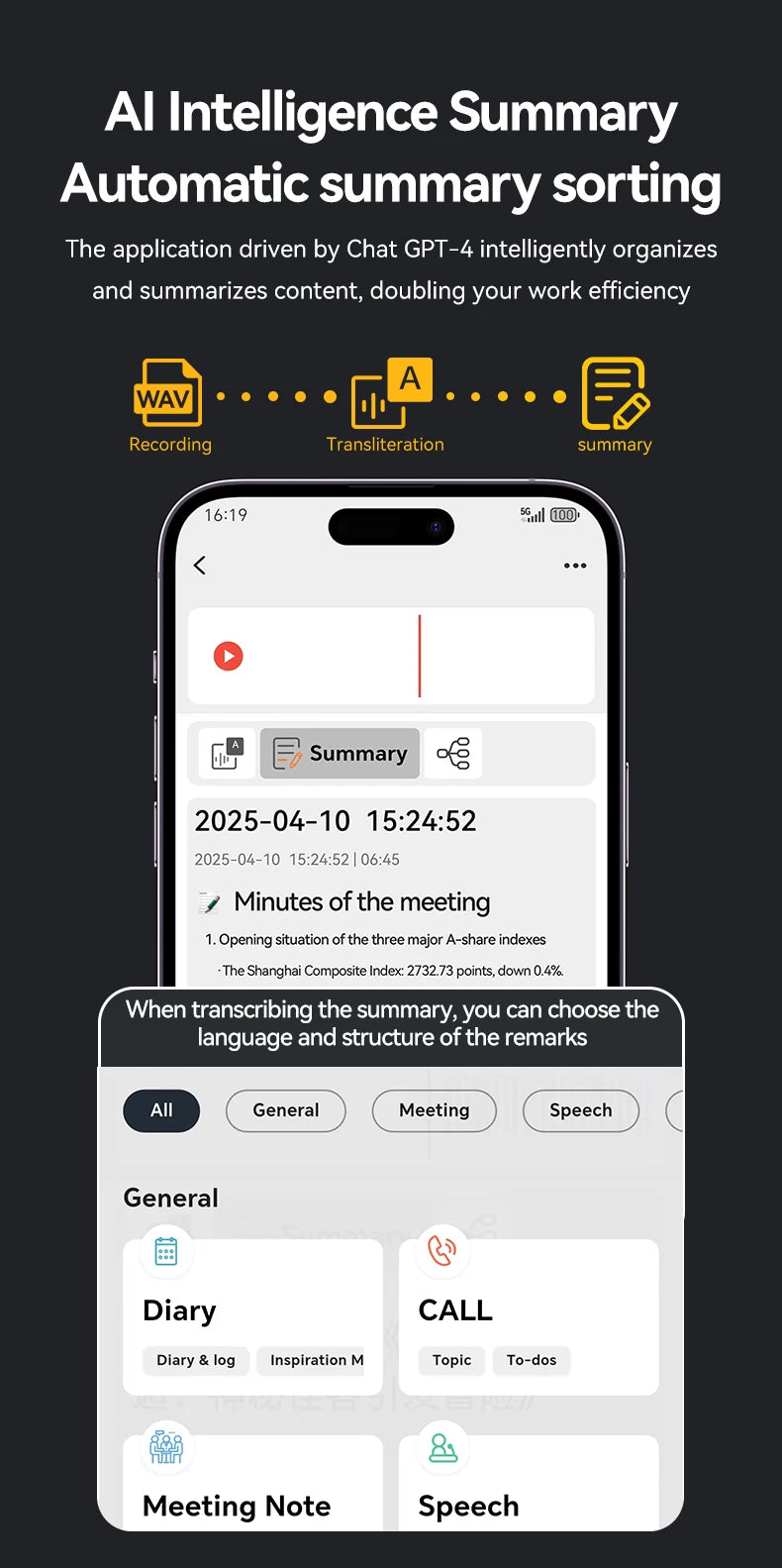 New8-128GB AI ChatGPT-4 Intelligent Voice Recorder Audio App Phone Call Record Transcribe Summarize 58LanguageTranslation Device
