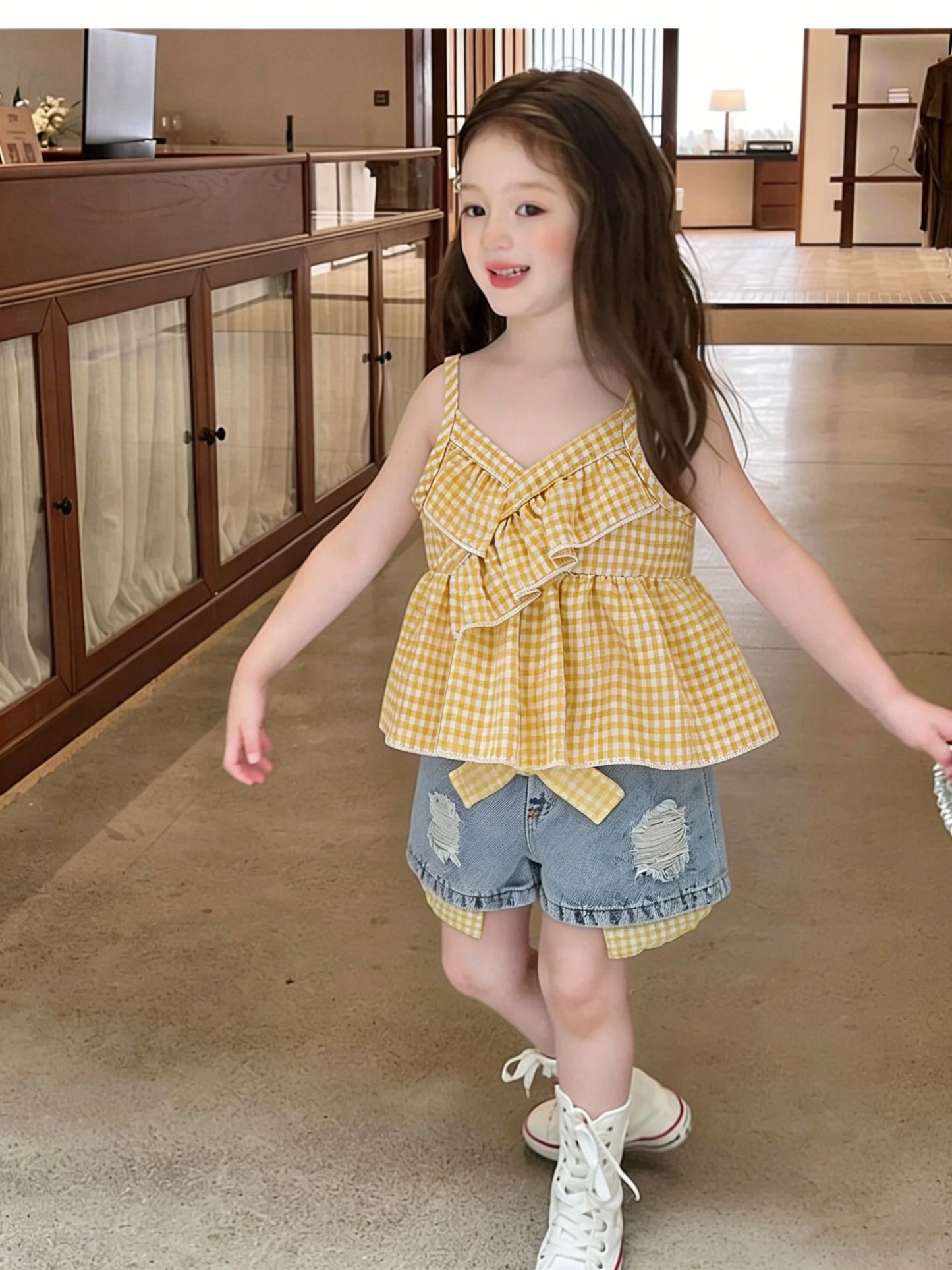Summer Baby Girls Clothing Set & Denim Shorts Set 2-6Y | Yellow Plaid Ruffled Cami, Distressed Denim with Bow | Soft Breathable