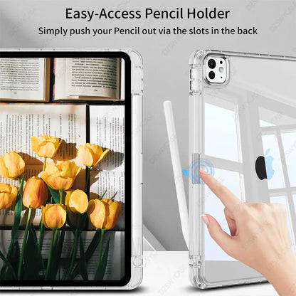 Case for iPad Pro 11 M4 M5 2024 2025, with Pencil Holder, Shockproof Slim Cover with Clear Hard PC Back Shell, Auto Sleep/Wake