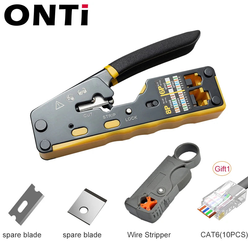 ONTi RJ45 Cat7/6/6A/5E Connector and RJ45 Crimp Tool Pass Through Crimper for 8P8C with Replacement Blade Cable Stripper