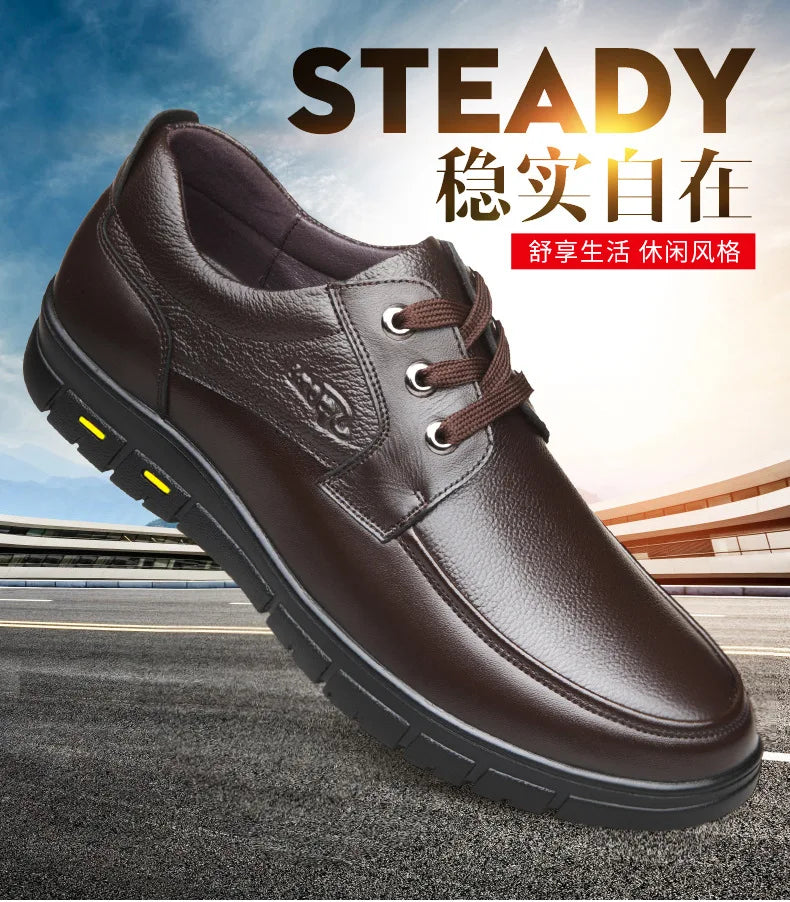 Autumn Men's Leather Shoes True Cowhide Flat Bottom Anti-Slip Plus Size Casual Elderly Father Shoes Rubber Sole China Made
