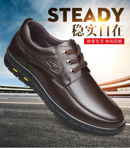 Autumn Men's Leather Shoes True Cowhide Flat Bottom Anti-Slip Plus Size Casual Elderly Father Shoes Rubber Sole China Made