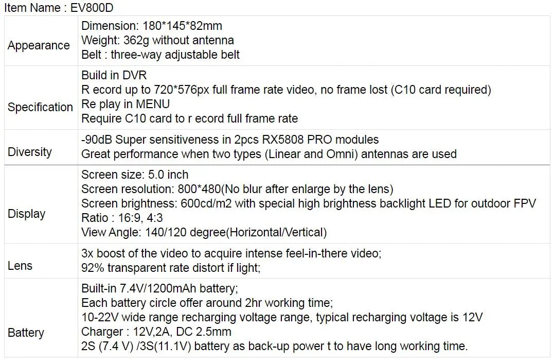 Ev800d 5.8g 40ch 5 Inch 800*480 Video Headset Dvr Diversity Fpv Goggles With Battery For Rc Model Rc Fpv Drone