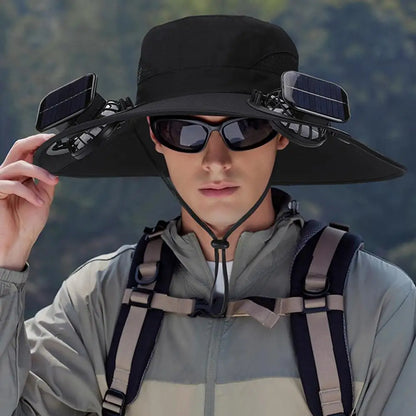 Solar Fan Hat for Men Women, Wide Brim Sun Protection Hat with Dual Solar Fans, 2-in-1 Hands-Free Cooling Cap for Hiking & Work