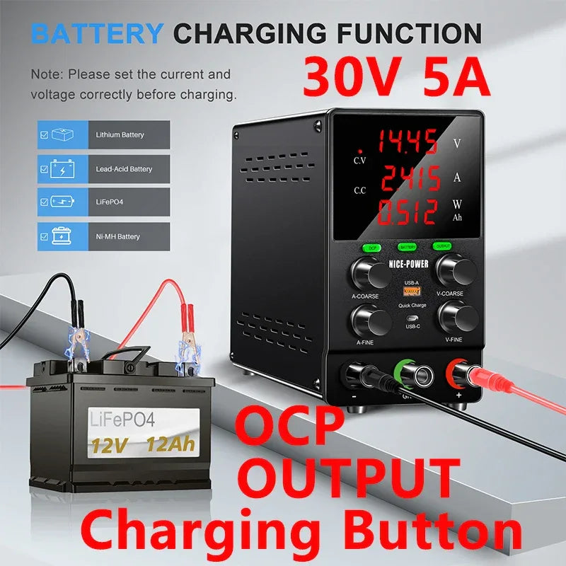 NICE POWER Adjustable DC Power Supply 12V/24V Lead-acid Battery Charging Auto-Stop When Full Reverse Polarity Protection Source