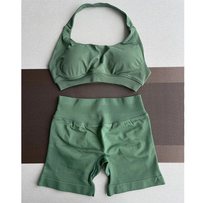 2 Pieces Yoga Gym Set Women Seamless Strappy Yoga Bra High Waist Workout Scrunch Shorts Sports Set Fitness Clothes Sportswear