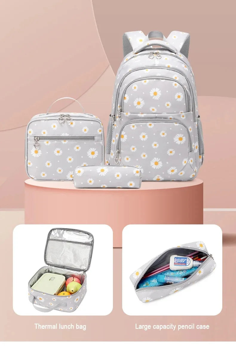 Daisy Pattern School Bag Backpack Pencil Case Handbag Three Piece Set Nylon Fabric Waterproof Boys Girl Teenagers Trend Backpack